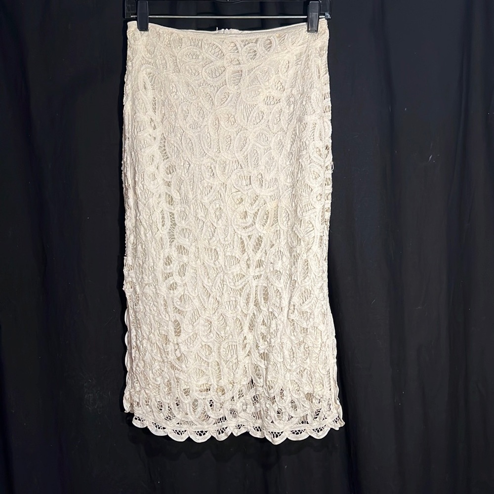 Sophie Chang Studio white rayon soutache midi skirt w/side slits & scalloped hem